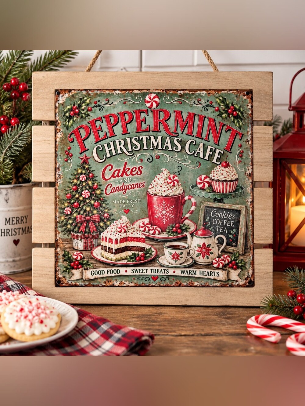 Hand Crafted Peppermint Christmas Cafe Sign - Red & Green Holiday Wall Art